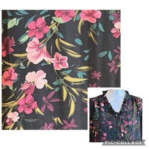 Chiffon Dark Romance Floral Blouse Sz XS Ruffle Neck Long Sleeve by Well Worn